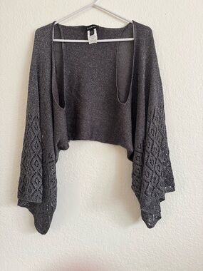 bebe Charcoal Gray Cropped Open-Front Knit Shrug with Lace Bell Sleeves